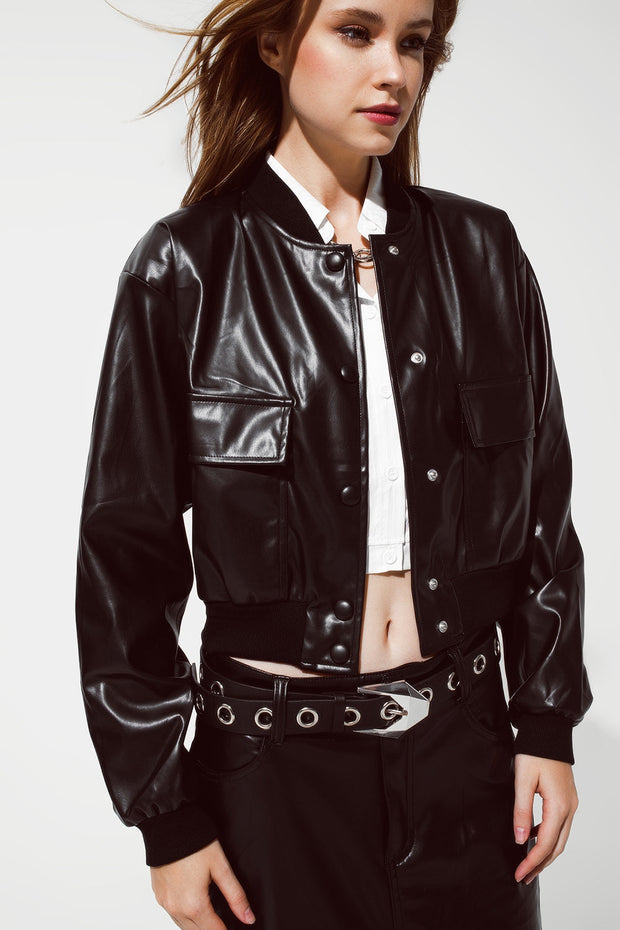 Metallic Bomber Jacket With Front Pockets in Black