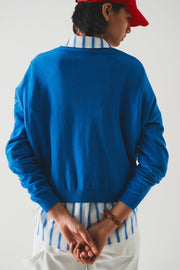 V Neck Fine Knit Sweater in Blue