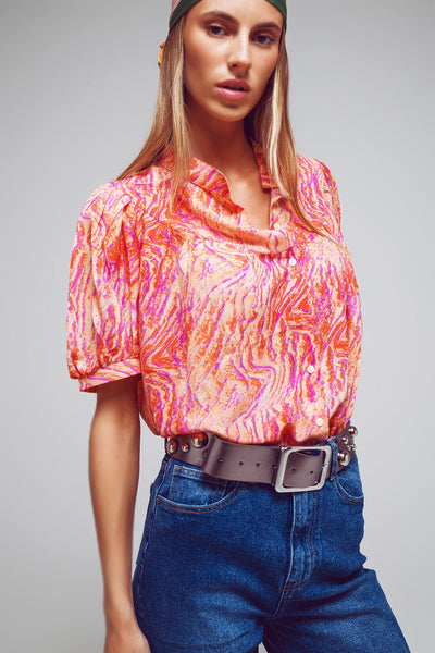 Oversized Button Down Shirt in Abstract Zebra Print in Orange and Fuchsia