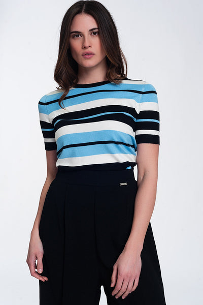 Crew Neck Boxy Jumper With Multi Stripes in Blue