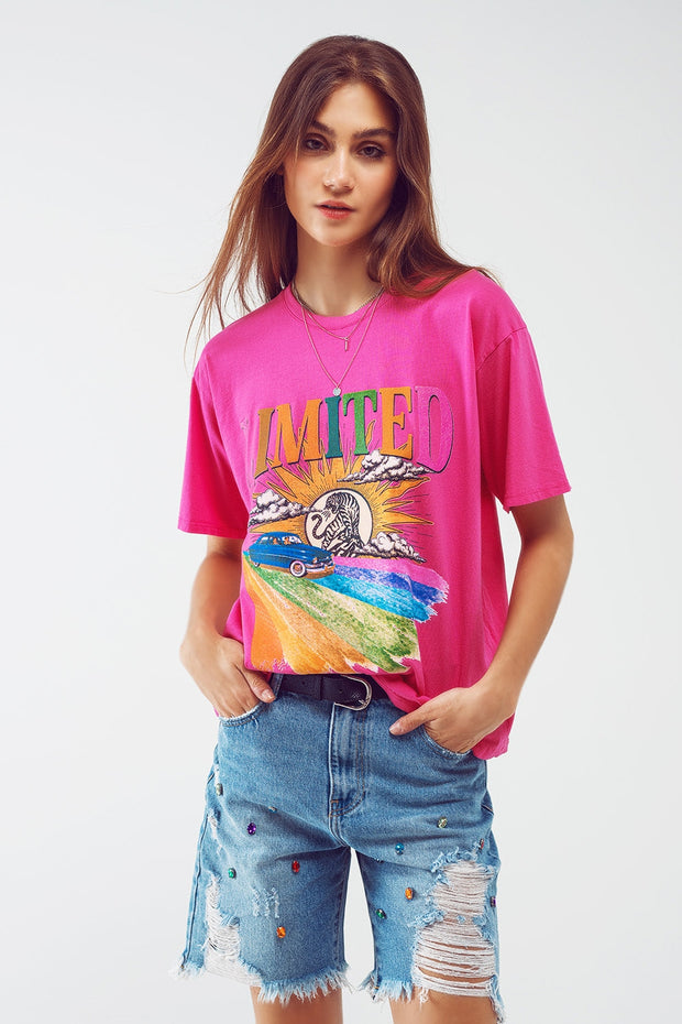 T-Shirt With Limited Graphic Print in Fuchsia