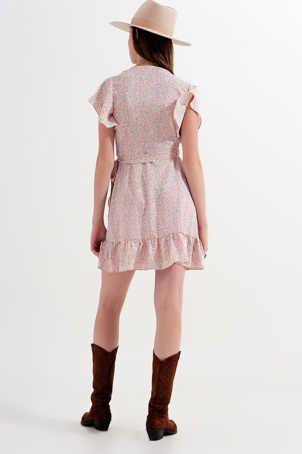Mini Wrap Dress With Frill Hem in Pink Print