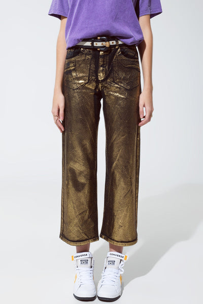 Black Straight Leg Jeans With Gold Metallic Glow