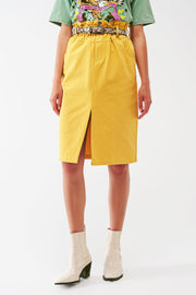 Paper Bag Waist Straight Skirt With Front Slit in Yellow