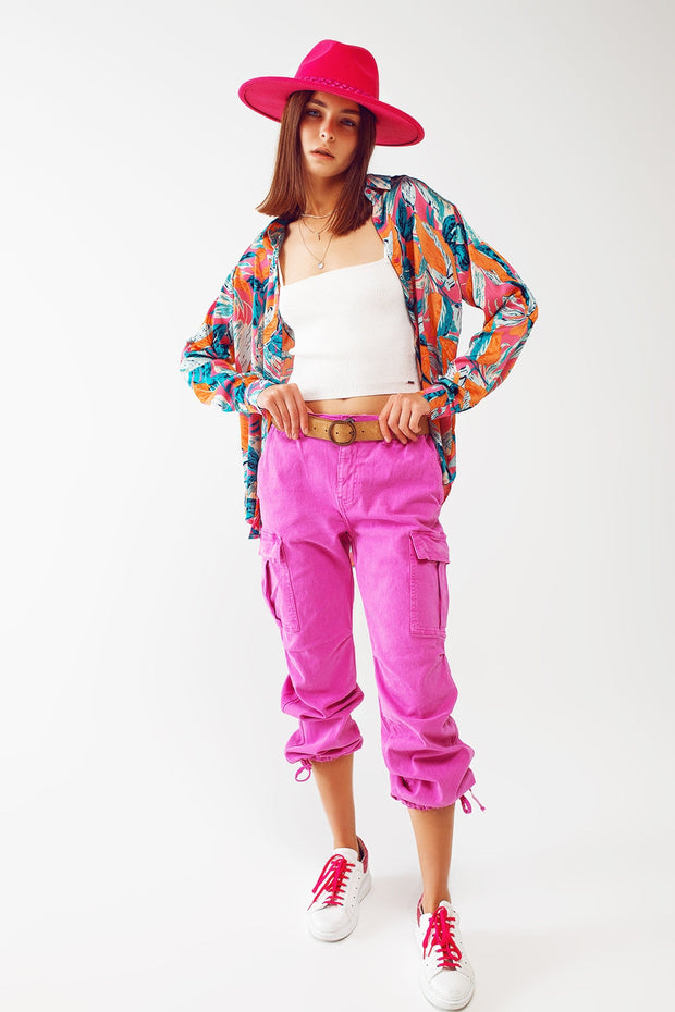 Cargo Pants With Tassel Ends in Fuchsia