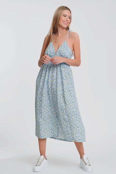 Open Back Maxi Dress in Blue Floral
