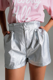 Metallic Shorts With Front Dart in Silver