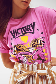 T-Shirt With Victory Text in Pink