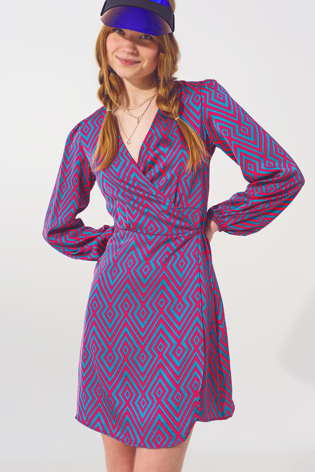 Mini v Neck Wrap Dress With Geometric Print
