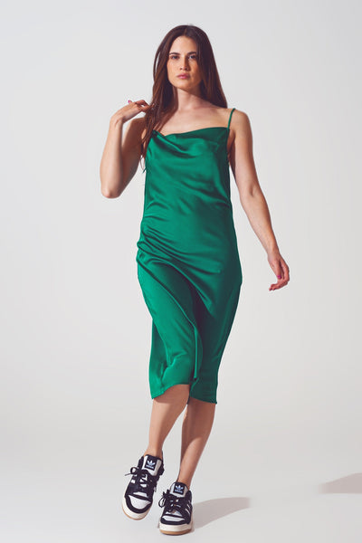 Satin Sleeveless Midi Dress in Bottle Green