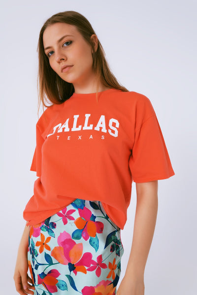 T Shirt With Dallas Texas Text in Orange