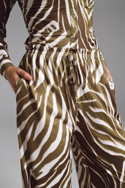Straight Pants With Zebra Print in Olive Green and White