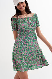 Mini Dress With Shirred Detail in Green Ditsy Floral Print