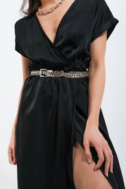 Short Sleeve Satin Maxi Dress in Black
