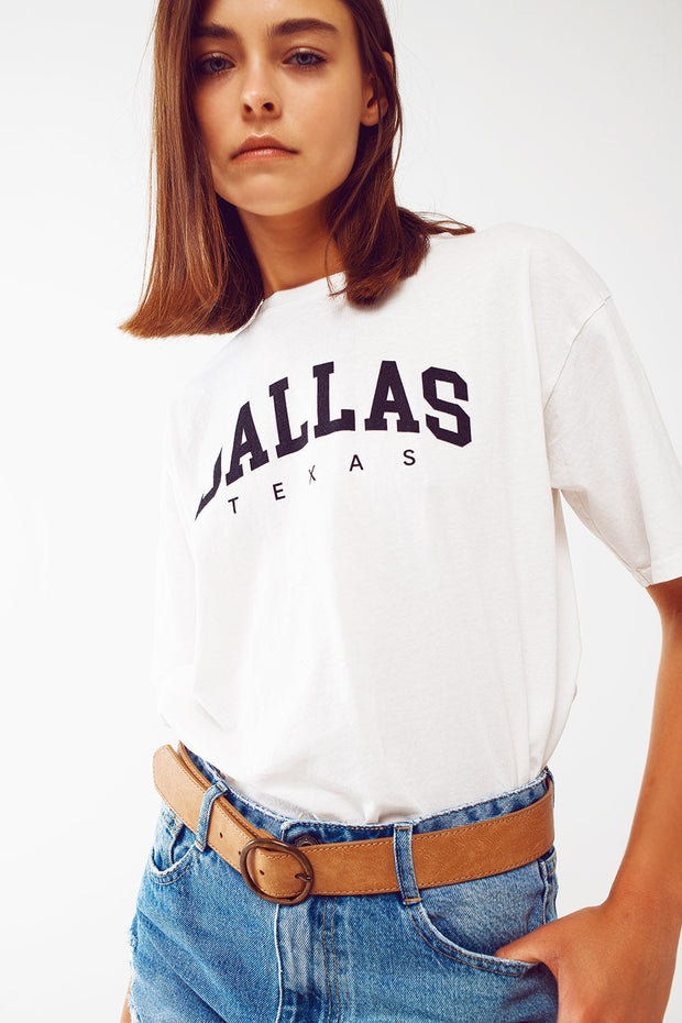 T Shirt With Dallas Texas Text in White