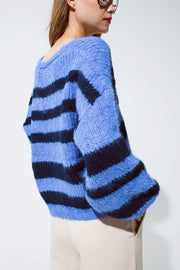Oversized Blue Stripy Fluffy Sweater With Balloon Sleeves