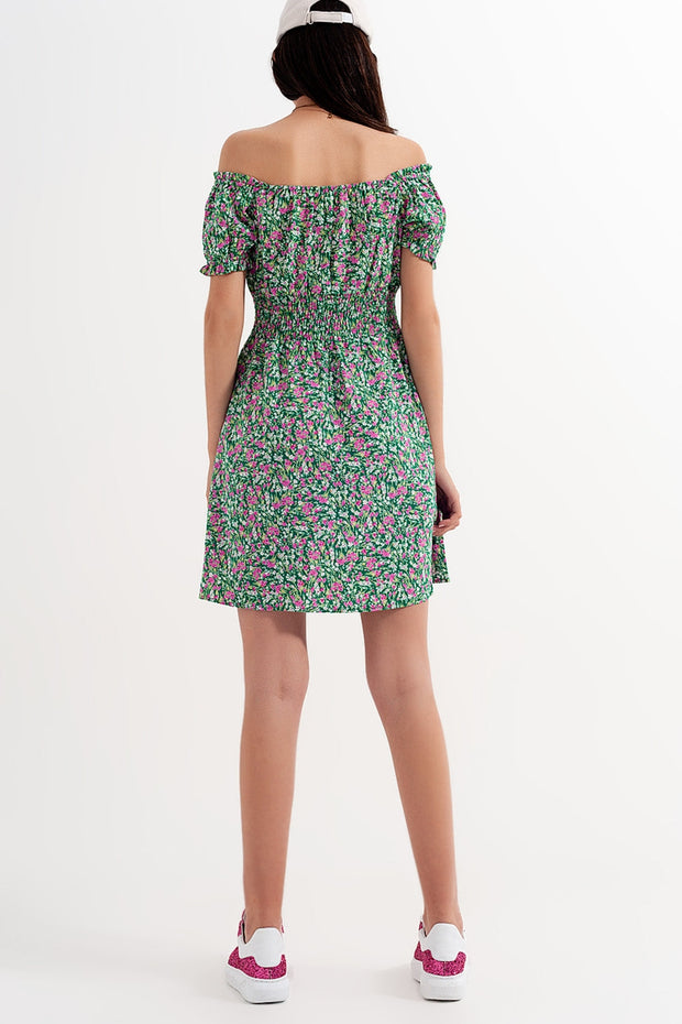 Mini Dress With Shirred Detail in Green Ditsy Floral Print