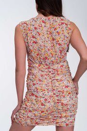 Ruched Bodycon Mini Dress in Floral Mesh Print