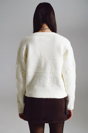 Cream Cardigan With Knitted Flowers and Embellished Details
