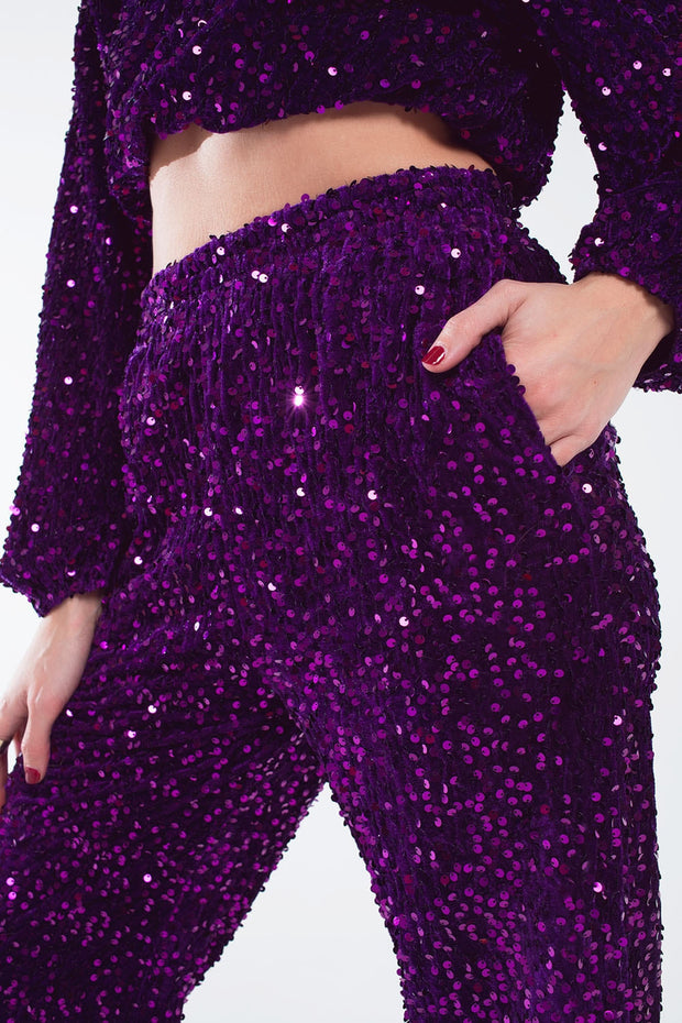 Wide Leg Sequin Pants With Side Pockets in Purple