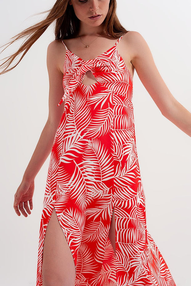 Maxi Dress With Splits in Red Leaves Print