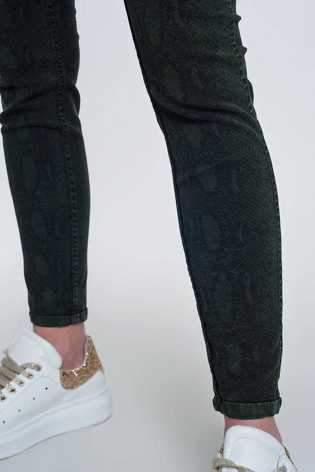 Khaki Super Skinny Reversible Pants With Snake Print