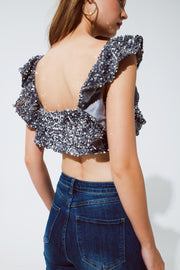 Party Cropped Sequin Glitter Top in Silver