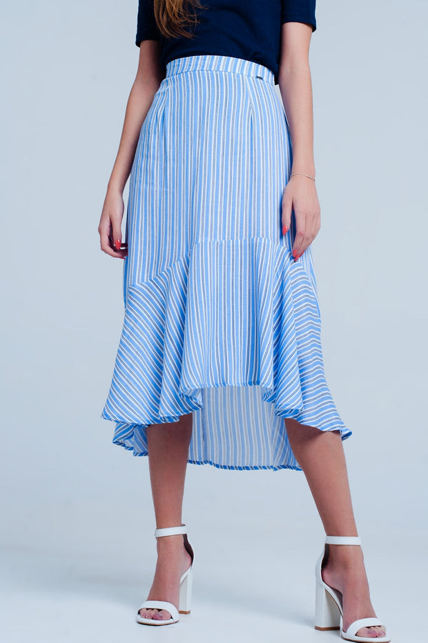 Blue Stripe Asymetric Hem Midi Skirt