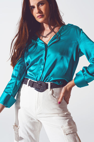 Satin Shirt With Split Cuff in Turquoise