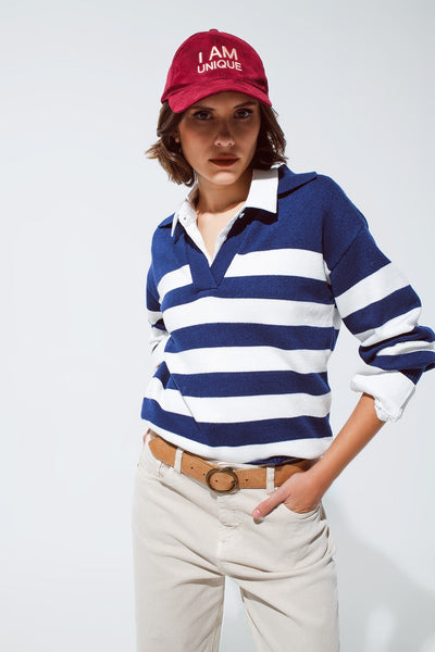 Blue and White Striped Sweater With v Neck and Polo Collar