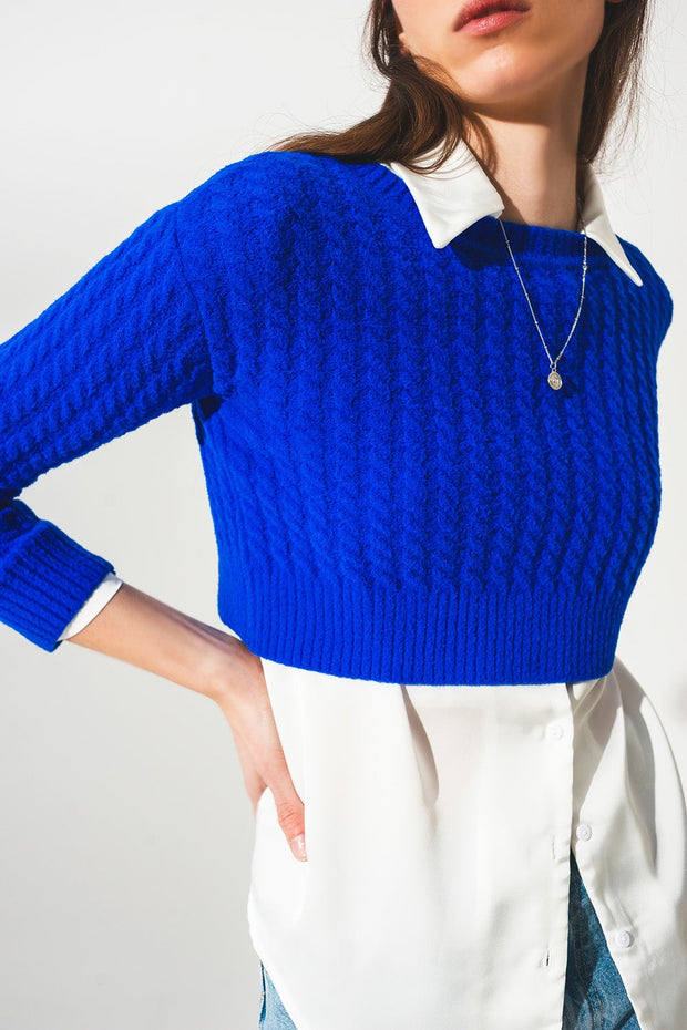 Round Neck Cable Knit Crop Jumper in Blue