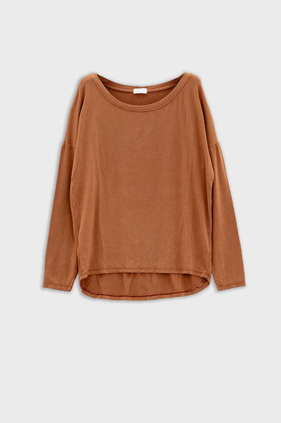 Boat Neck Long Sleeve T Shirt in Modal in Camel Color