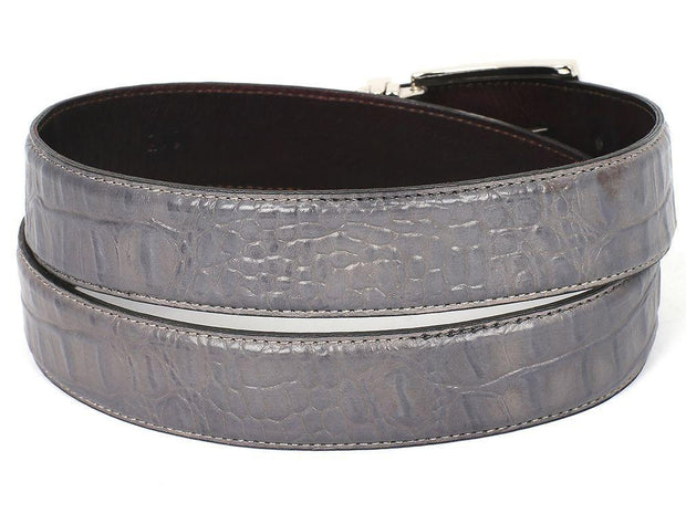 PAUL PARKMAN Men's Crocodile Embossed Calfskin Leather Belt (ID#B02-GRY)