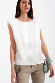 Gathered Satin Shoulder Pad Sleeveless Top in White