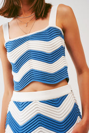 Knitted Bandeau Top in White and Blue