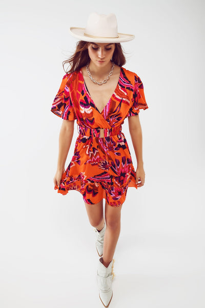 Wrap Short Dress With Angel Sleeves in Abstract Floral Print