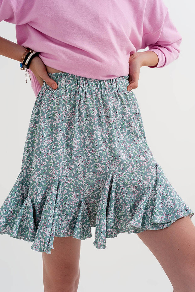 Floral Flounce Co-Ord Mini Skirt in Green