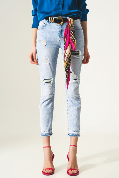 Distressed Straight Jeans With Hem Detail in Blue