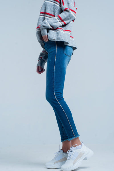 Fringed Skinny Jeans With Strass Side Stripe