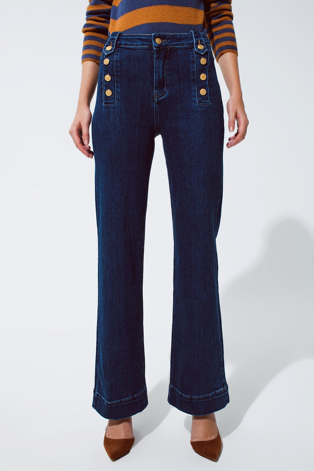 Marine Flare Jeans With Button Detailing in Mid Wash