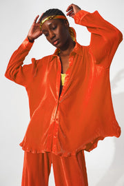 Relaxed Pleated Satin Shirt in Orange