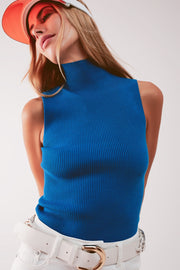 Knitted High Neck Top in Blue