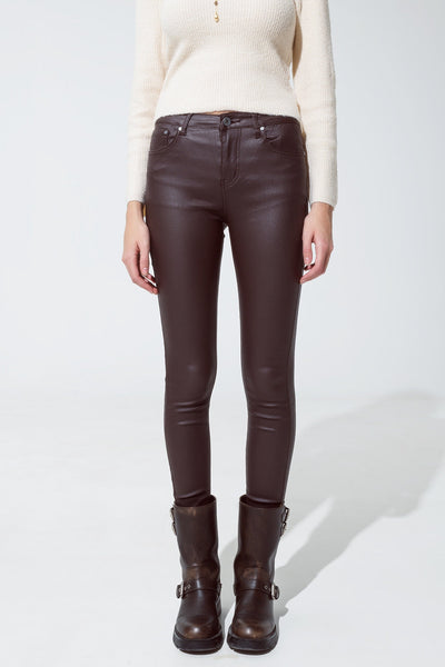 Leatherette Effect Super Skinny Pants in Dark Brown