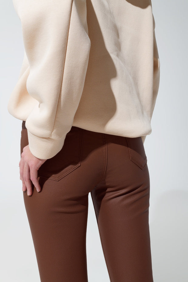 Leatherette Effect Super Skinny Pants in Light Brown