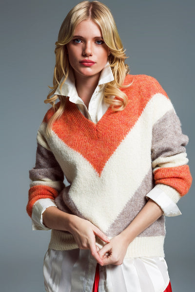 Long Sleeve Eighties Printed V-Neck Sweater in Orange