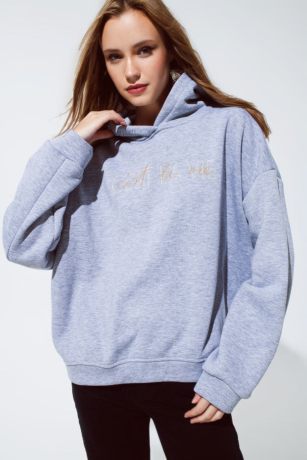 Grey Color Hoodie With Embroidered With Cést La Vie Text