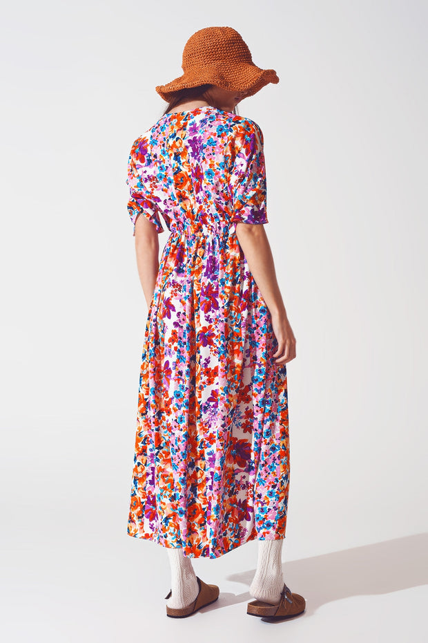 V Neck Midi Dress in Floral Print