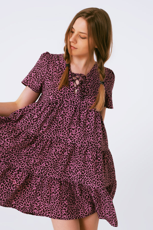 Short Sleeve Baby Doll Dress With Neck Detail in Purple Leopard Print
