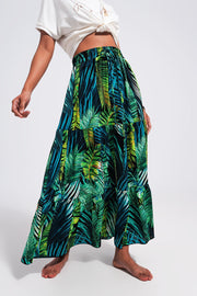 Maxi Tiered Skirt in Green Tropical Print