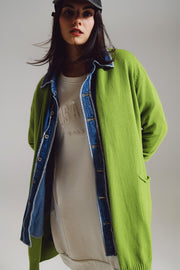 Long Green Cardigan With Folded Pockets